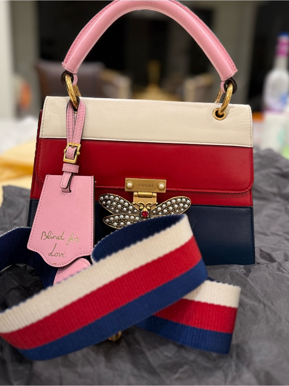 Gucci Tricolor Leather Top Handle Bag with Bee Accent - Pink, White, Red, Navy - Picture 9 of 14